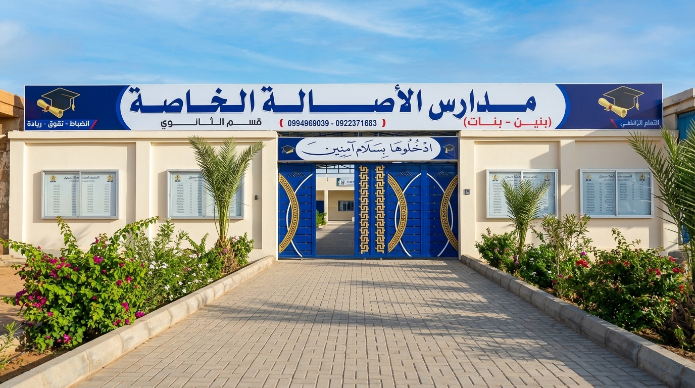 مدخل ومبنى مدارس الأصالة الثانوية الخاصة ببوابته الزرقاء والساحة الممهدة